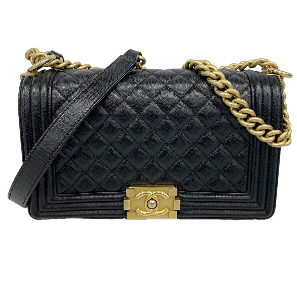 Chanel Boy Chain Shoulder Bag, Caviar Leather, Black/Champagne, Women's